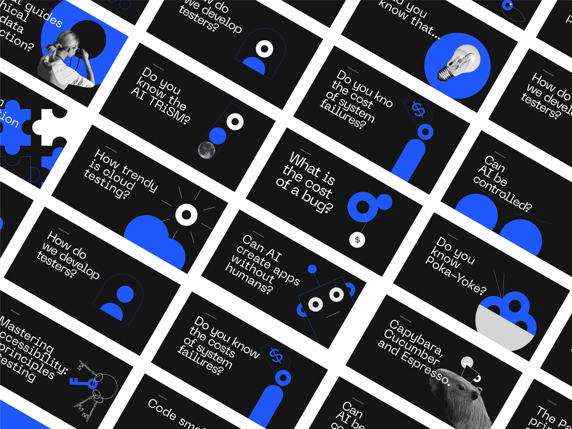 Cleverlance #-# Campaign #-# There was a need to establish a distinctive visual style to promote the Testing as a Service competences and core values with the goal of increasing awareness of expertise for the Head of Testing and QA services, showcasing the team's capabilities, and ultimately attracting new clients. Additionally to graphic design and content we helped with defining campaign goals.