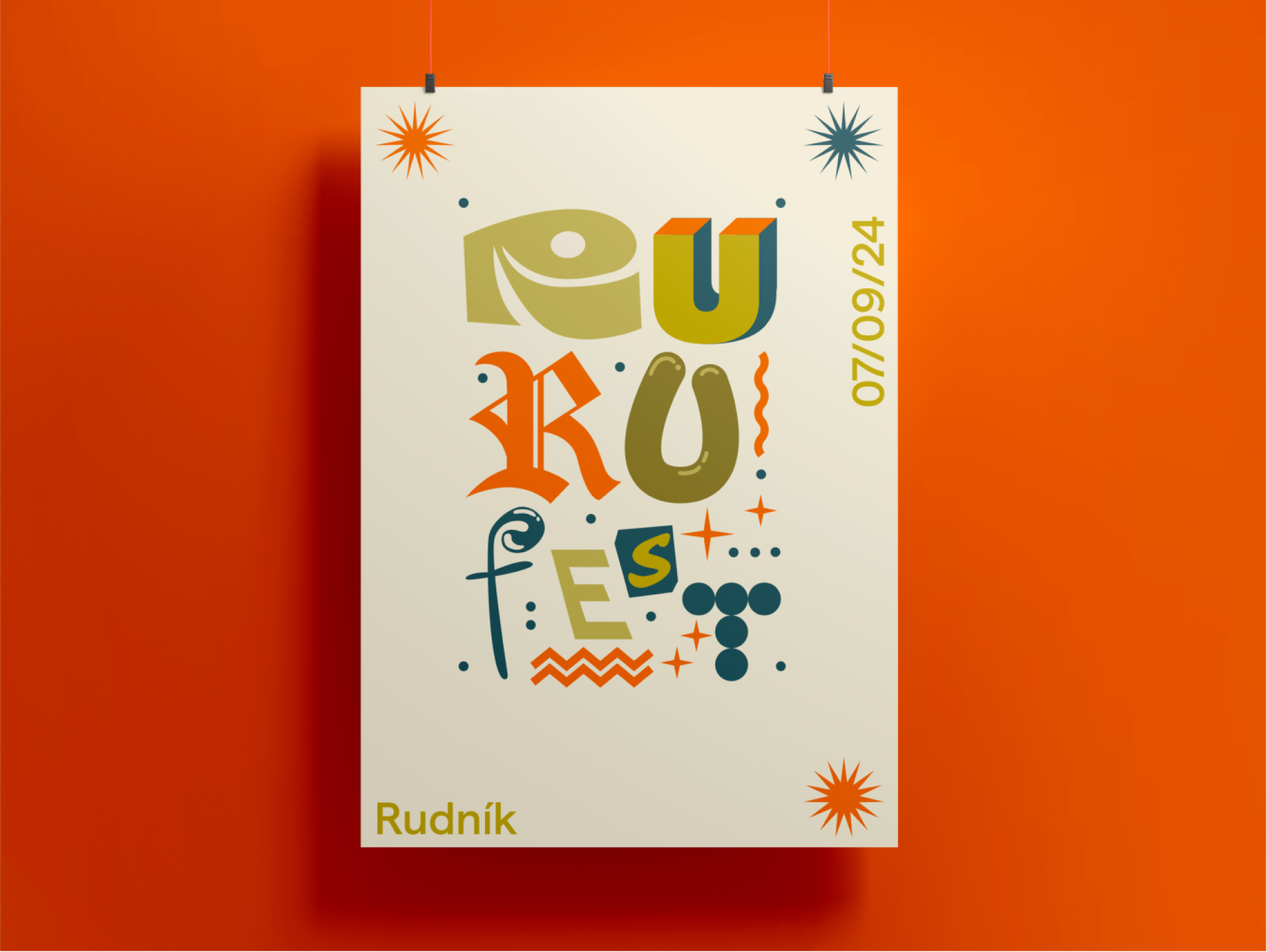 RuRuFest #-# Invitation & Identity #-# For the first edition of planned annual music and artistic festival in Rudník, a small North Bohemian village, we established their visual identity and communication style aimed to help in creating community, relationship to the place, and cultivation of the Sudetenland. The entire promotion and navigation system – with the name based on connection of first two letters of both village name and a ruin – was created as well for various perfomances including children's theater, a flower auction, and a lecture on history. The main goal is a better environment, including a secured future for the unique historical building, now the ruin of an evangelical church in Rudník–Bolkov.